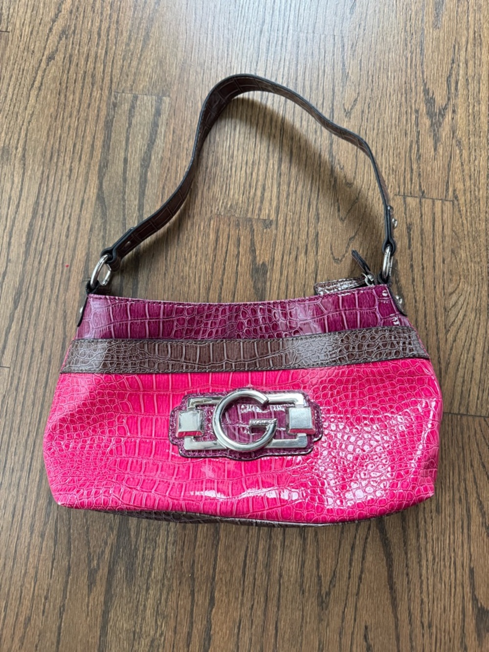 Y2K Guess by G? Pink and Brown Croc-Embossed Shoulder Bag